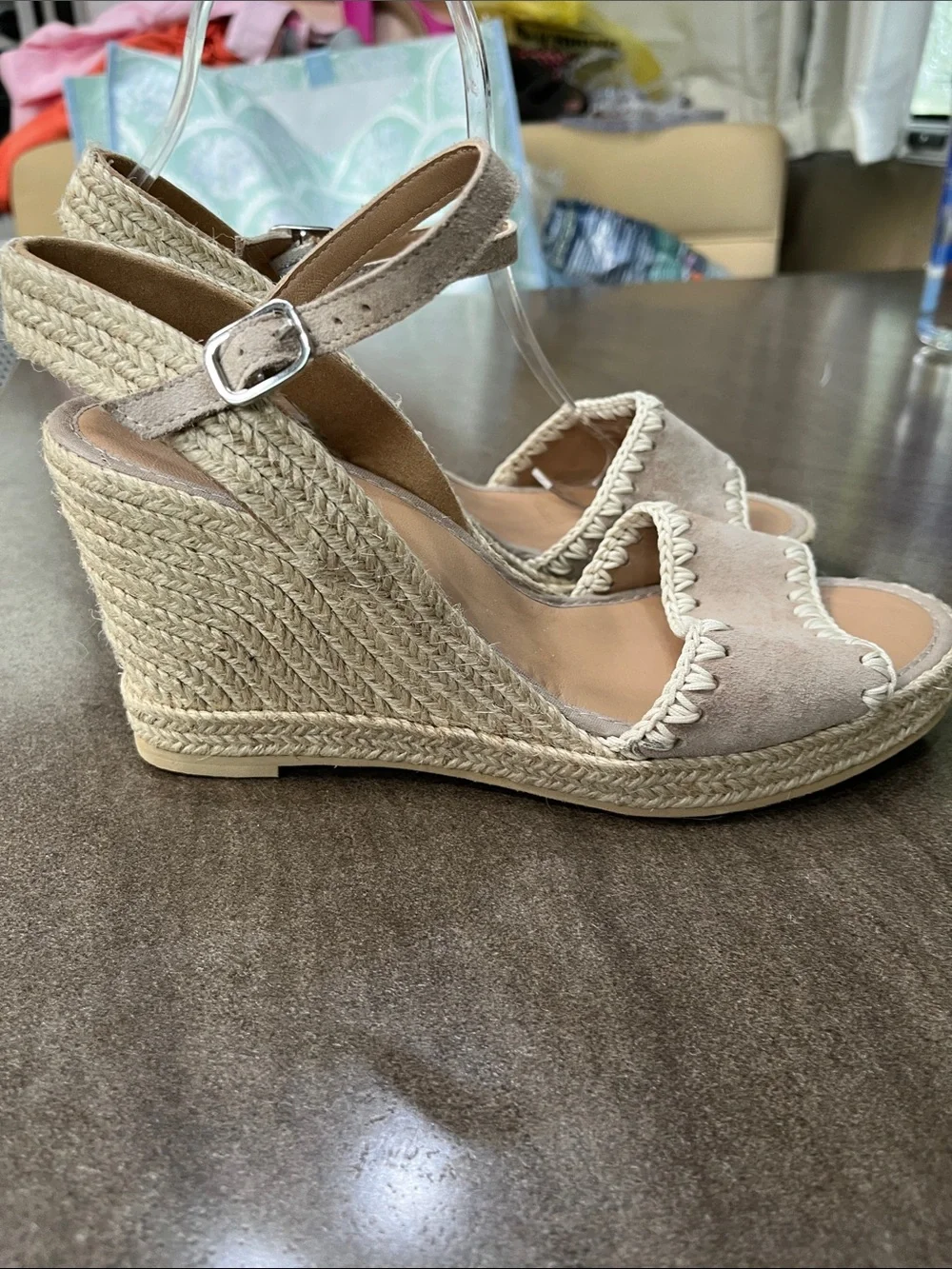 Aquatalia Taupe Suede Espadrille Wedge Sandals with Ankle Strap